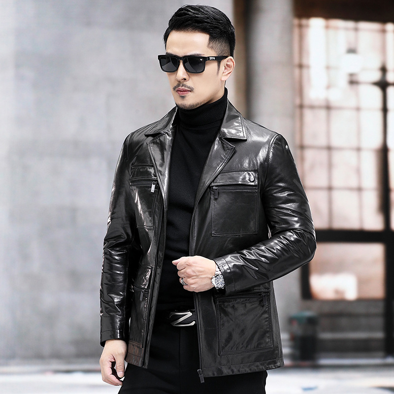 New Autumn and Winter Haining Genuine Leather Coat Midi Men's Leather Jacket Trench Coat Goat Leather Hunting Suit Collar Coat