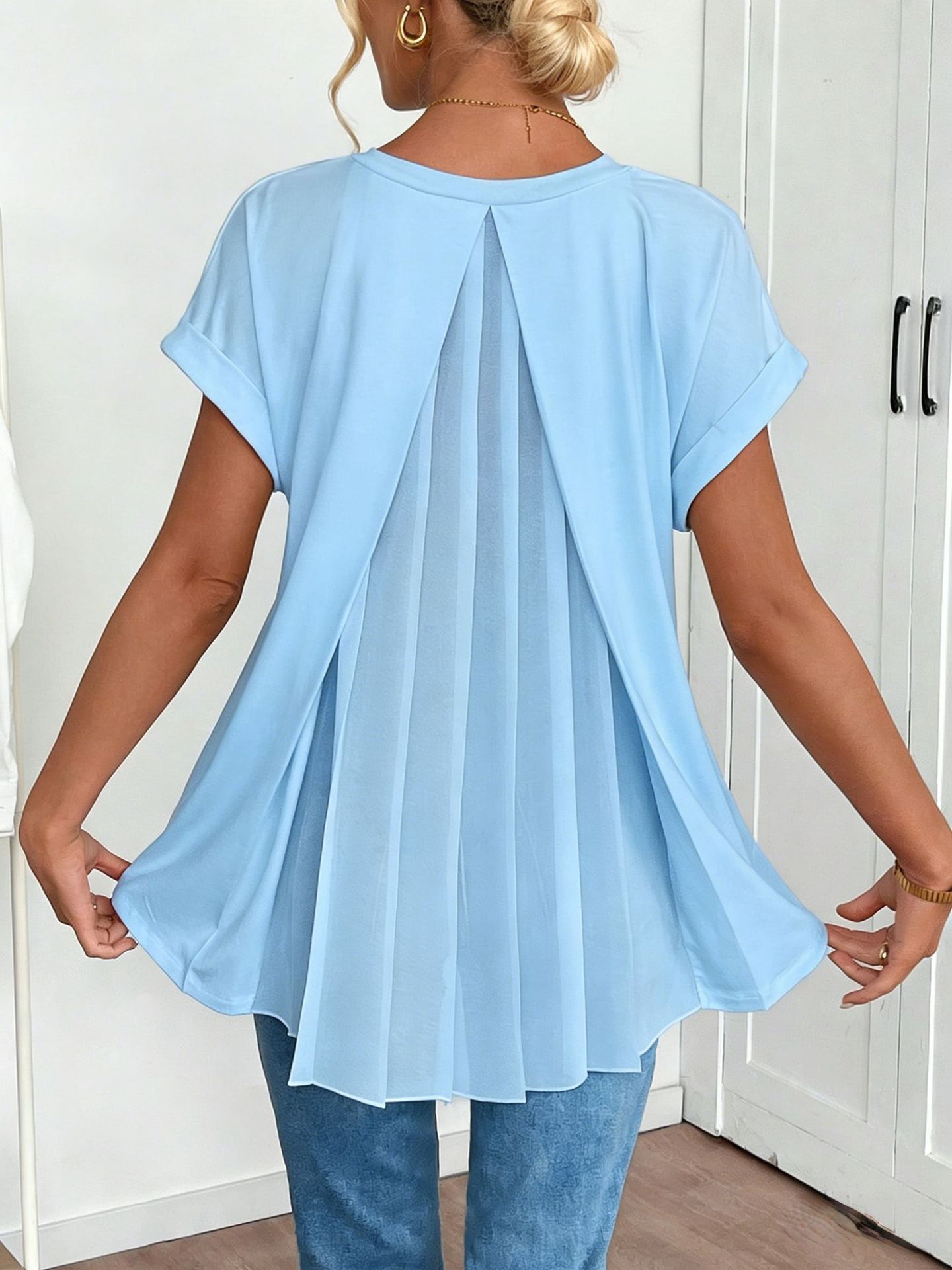 Women's Clothing Spring Women's Cross Border Top V Neck Short Sleeve Pleated Fashionable And Stylish Women's Clothing_ecoleips.com