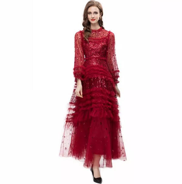 Round Neck Lantern Long Sleeve Mesh Heavy Sequin Embellished Ruffle Flared Long Gown Dress 2024 Autumn Round Neck Lantern Long Sleeve Mesh Heavy Sequin Embellished Ruffle Flared Long Gown Dress 2024 Autumn