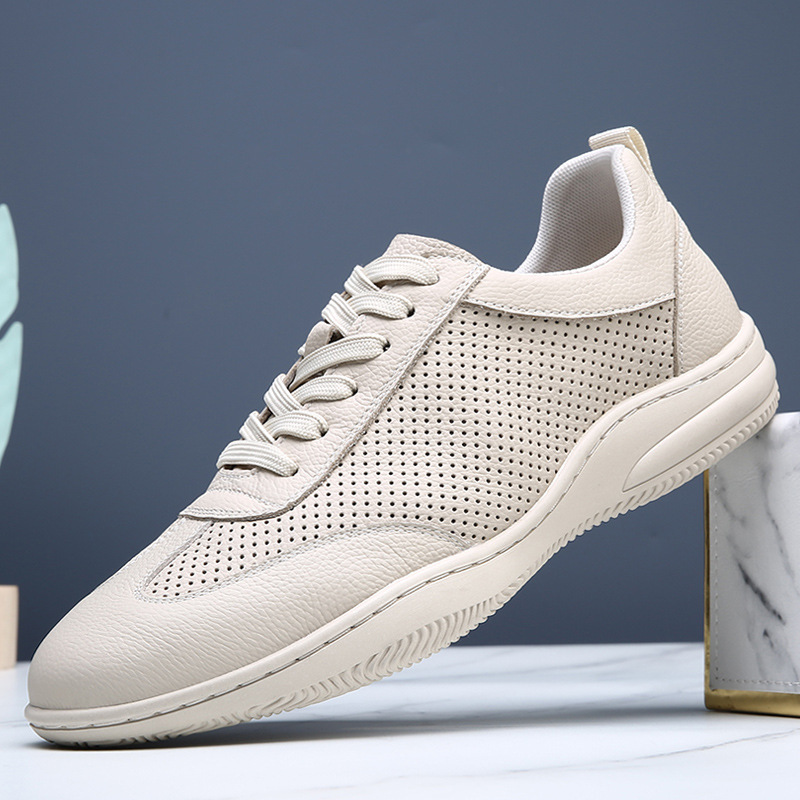 Handmade Leather Shoes, Popular Spring and Autumn Breathable Sports Soft-Soled Soft-Surface Single Shoes, Lace-Up Perforated Breathable Leather Shoes