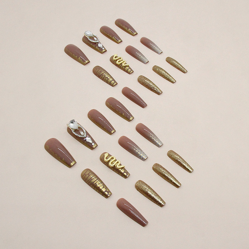 Description Picture 4 of item24Pcs Long Coffin False Nails with Glue Wearable Brown Fake Nails with Rhinestones Ballet Press on Nails Full Cover Nail Tips