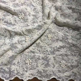 绣花布提花布料棉线服装双波浪边连衣裙杏色立体刺绣天丝蕾丝面料