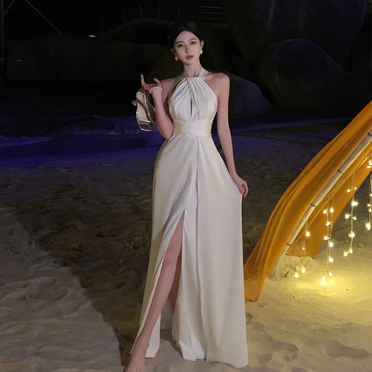 French Halterneck Dress Slit Satin Backless Sexy Fashion Accessible Luxury Banquet Birthday Host Toast Evening Dress