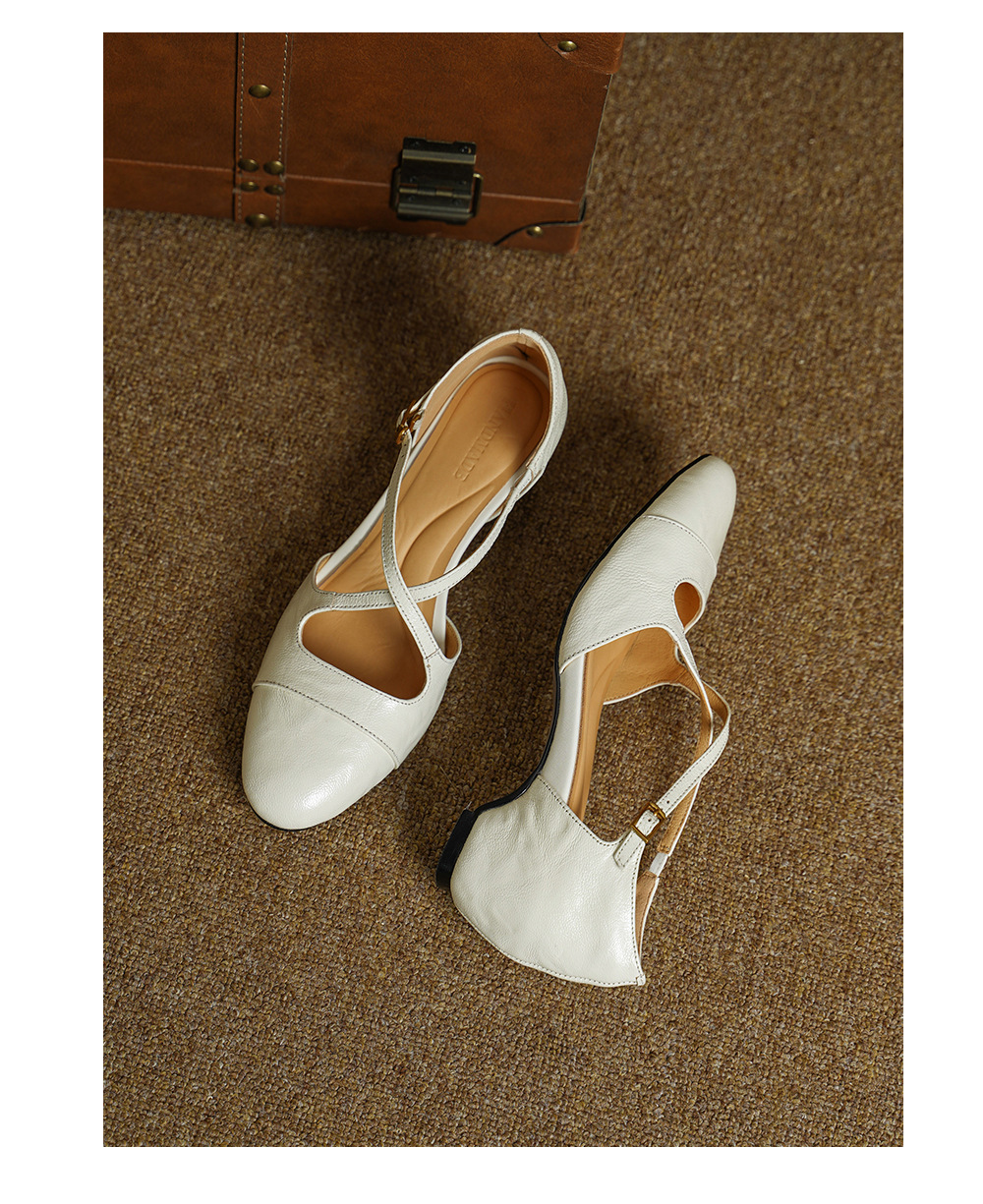 Giày sandal cao gót nữ quai ngang mũi nhọn da dê, gót vuông ổn định — đen chi tiết 16