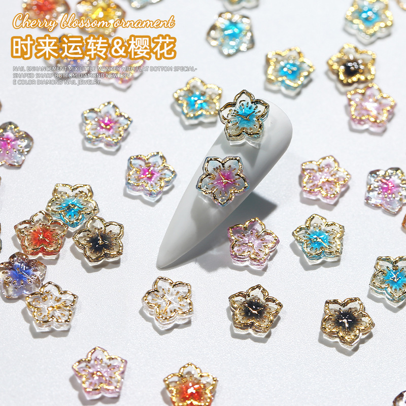 Wholesale Sakura Nail Art Accessories with Gold Edged Resin Diamonds and Ice Transparent Bauhinia Nail Decoration Accessories