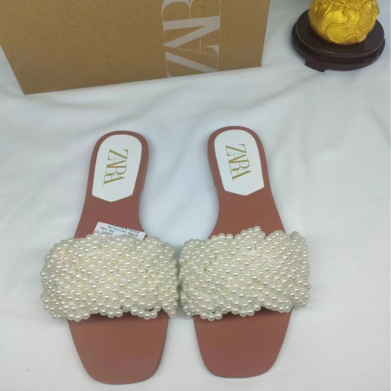 Foreign Trade Explosions Flat Slippers One-word Elegant Pearl Grain Decorative Square Head Open Toe Outer Wear Lazy Flip-on ZA Women's Shoes Foreign Trade Explosions Flat Slippers One-word Elegant Pearl Grain Decorative Square Head Open Toe Outer Wear Lazy Flip-on ZA Women's Shoes