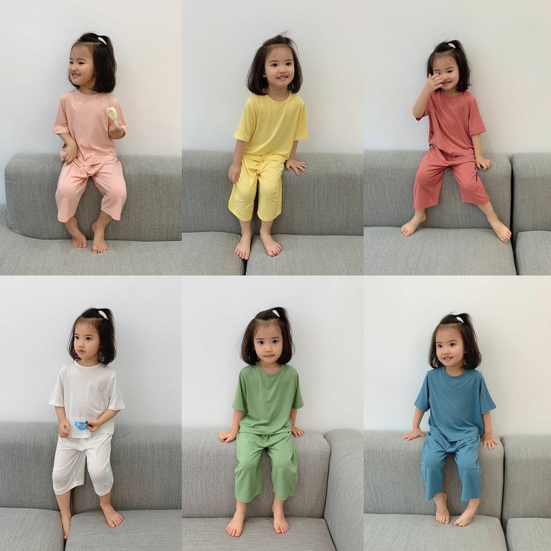 Summer Girls' Home Clothes Baby Online Popular Foreign Style Children's Personality Trendy Korean Solid Color Modal Pajamas Air-conditioning Clothes
