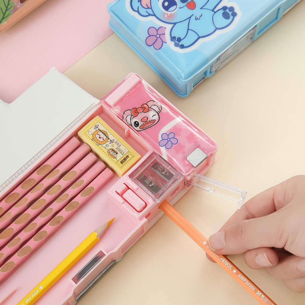 Caja de papelería de niños, caja de lápiz de color, caja de almacenamiento multifuncional de doble cara, papelería para estudiantes de primaria