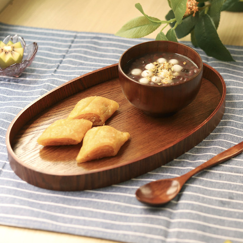 IYR7 Trays Tea Tray Retro Elliptical Water Curly Maple Cake Wooden Household Dining Plate Cafe Snack Tea Water Storage