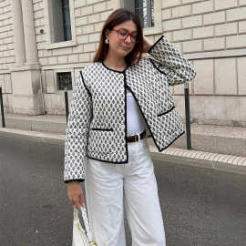 时尚气质印花口袋长袖棉服外套女2025秋冬新款跨境欧美风外贸热卖