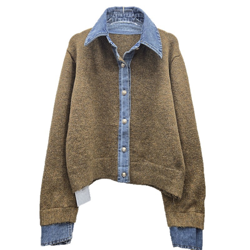 Suéter europeo abrigo de peso pesado femenino 2025 nuevo estilo coreano de principios de otoño falso de dos piezas de alta calidad camiseta de punto denim image 5