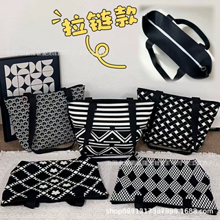 拉链格纹针织托特大包时尚百搭大容量单肩手提包通勤收纳包批发