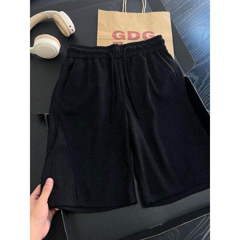 Brown Diagonal-Cut Herringbone Shorts for Men, Summer Lazy Style Beach Pants, American-Style Heavy-Duty Casual Mid-Length Shorts