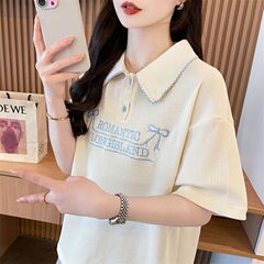 折り襟poloシャツ半袖tシャツ女性2025新作夏韓国版ゆるい蝶結び刺繍百合上服