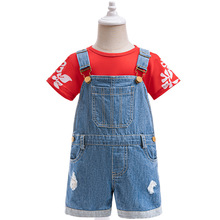 史迪奇外贸女童牛仔背带裤夏季两件套衬衫短袖短裤日常服装