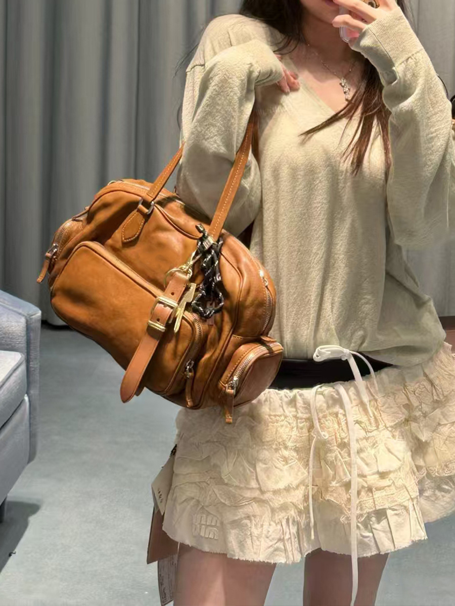 Bolso tote de bolos retro de piel de vaca curtida con plantas Bolso de hombro de cuero Bolso de axila Bolso de locomotora Bolso de almohada Boston