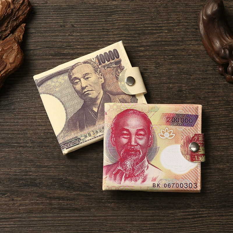 Short Wallet Canvas Card Holder, Compact 10.5×8.5×0.8 cm, Printed Currency Designs