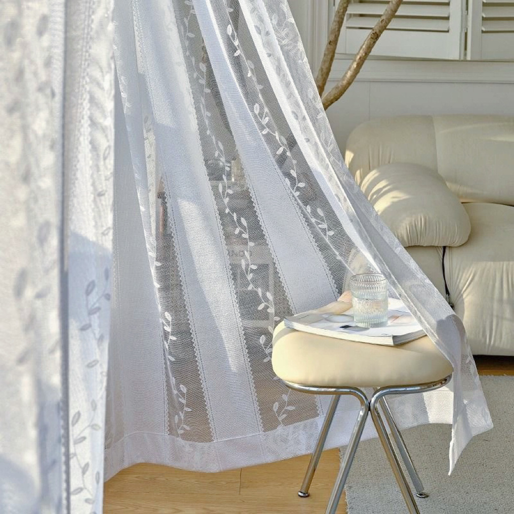 Curtain Gauze Manufacturer Fabric Wholesale Finished Product Cross-Border Foreign Trade Window Screen Pastoral Small Fresh Warp Woven Gauze Floral White Gauze