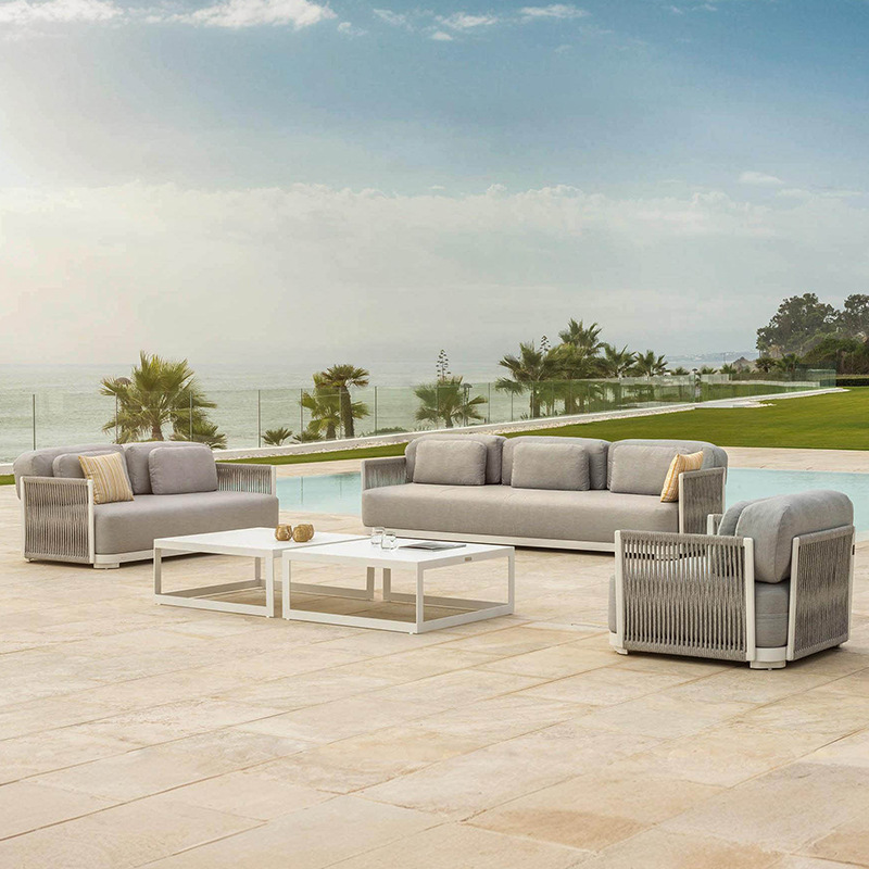 Sofá de tejido de cuerda al aire libre patio jardín terraza balcón hotel de alojamiento residencial cama reclinada de ocio protección solar impermeable mesa de té combinación