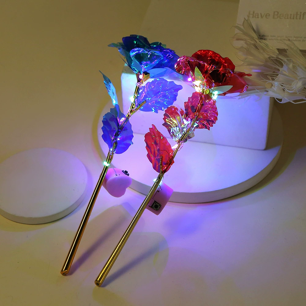 Разноцветная 24K золотая фольга цветок на одной ветке с LED лампой, подарок на День святого Валентина в Китае, декоративная роза кристаллический цветок, украшение, подарок