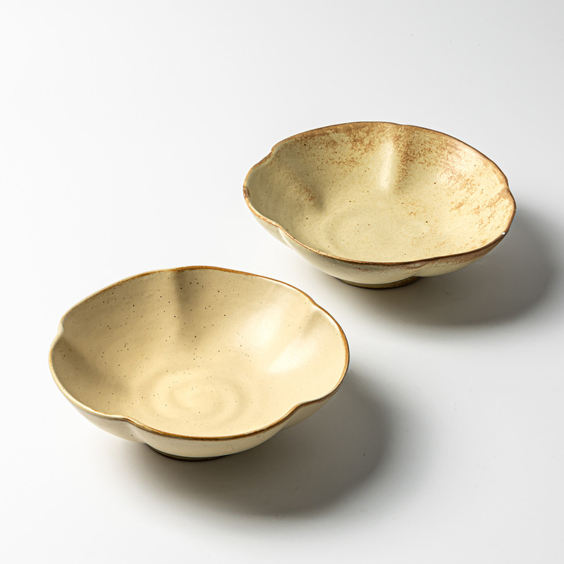 Retro Stoneware Tall Bowl Japanese Style Tableware Dish Bowl Wholesale Household Flower-Shaped Ceramic Salad Bowl Noodle Bowl Dessert Bowl