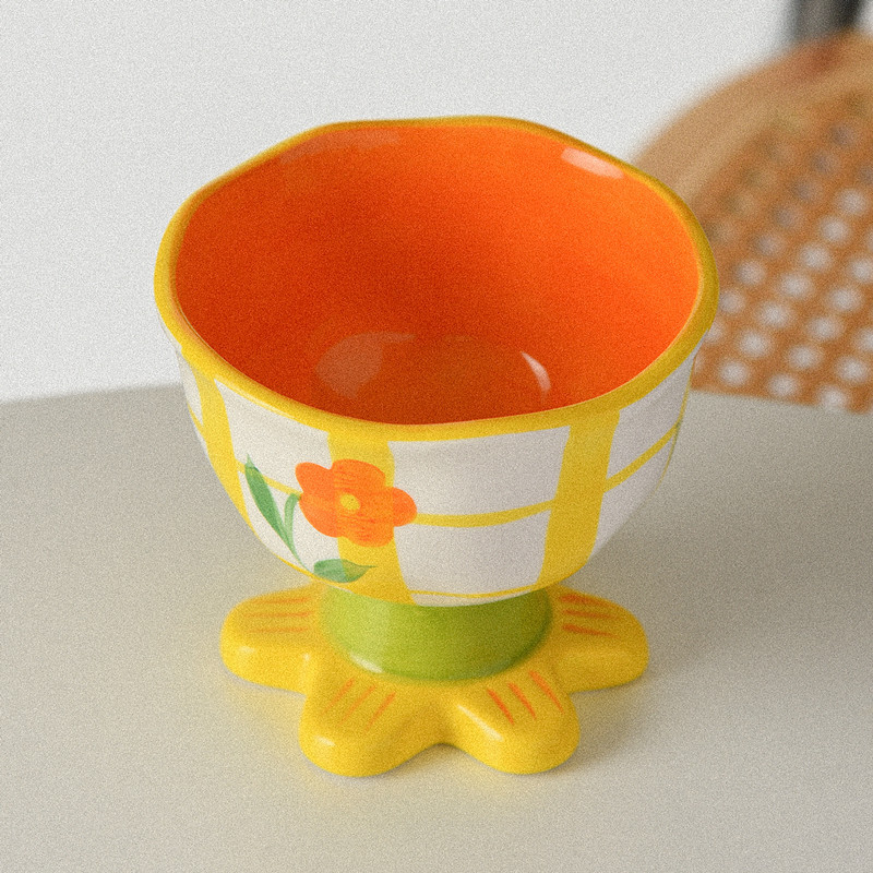 Niche Handmade Flower Three-dimensional Cup Black And White Grid Irregular Dessert Bowl Household Container Oatmeal Yogurt Bowl