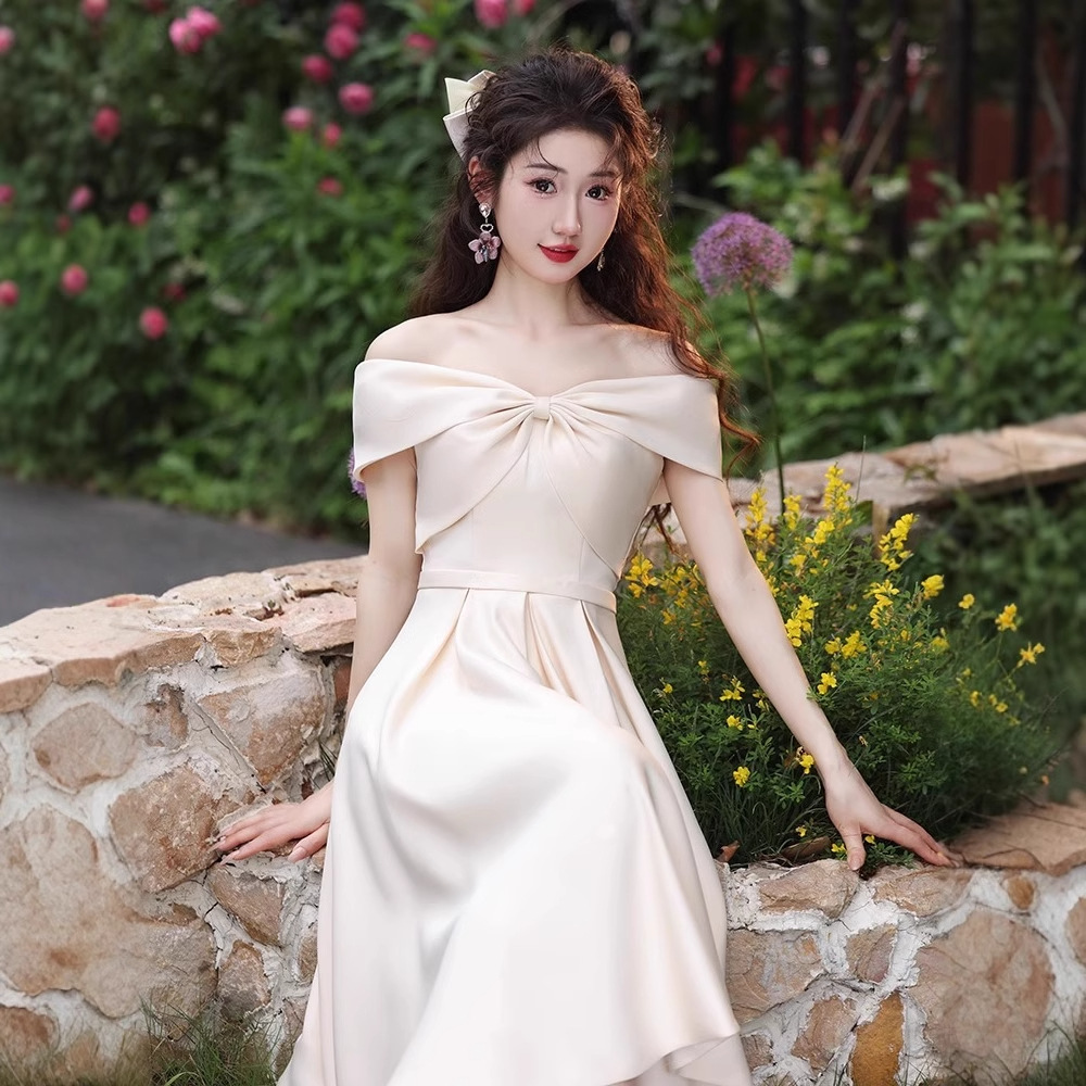 Champagne-Colored Evening Dress for Women 2026 New Style Petite Off-Shoulder Satin Hostess Dress Bridesmaid Dress Wholesale
