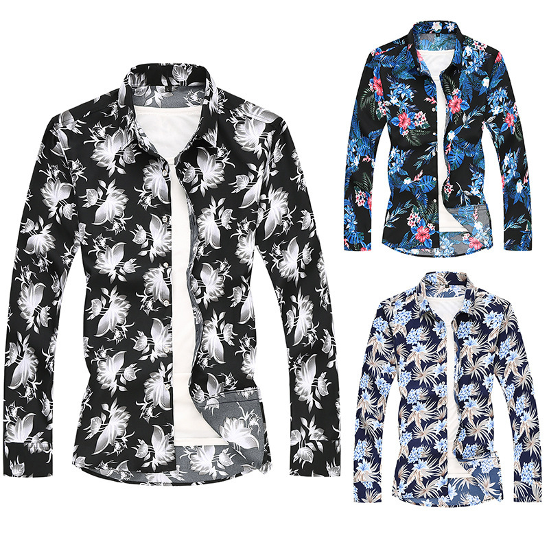 Spring and Autumn foreign trade Men's long-sleeved floral shirt men's nightclub party casual shirt plus size holiday shirt fashion