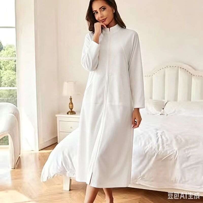 2024 European and American Style Zipper Robe Long-Sleeved Home Clothes Soft Bathrobe Pajamas with Flap Pocket Pantss Home Clothes