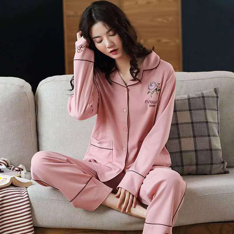 100% pijamas de algodón Primavera y otoño de las mujeres de manga larga más tamaño solapa cardigan traje de mediana edad y joven desgaste del hogar