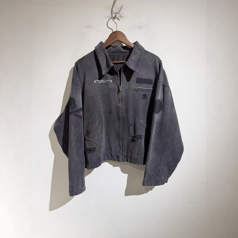 Denim Jacket, Workwear Jacket, Vintage Ripped Zipper Collab Style Cardigan, Men's Trendy Outerwear Denim Jacket, Workwear Jacket, Vintage Ripped Zipper Collab Style Cardigan, Men's Trendy Outerwear