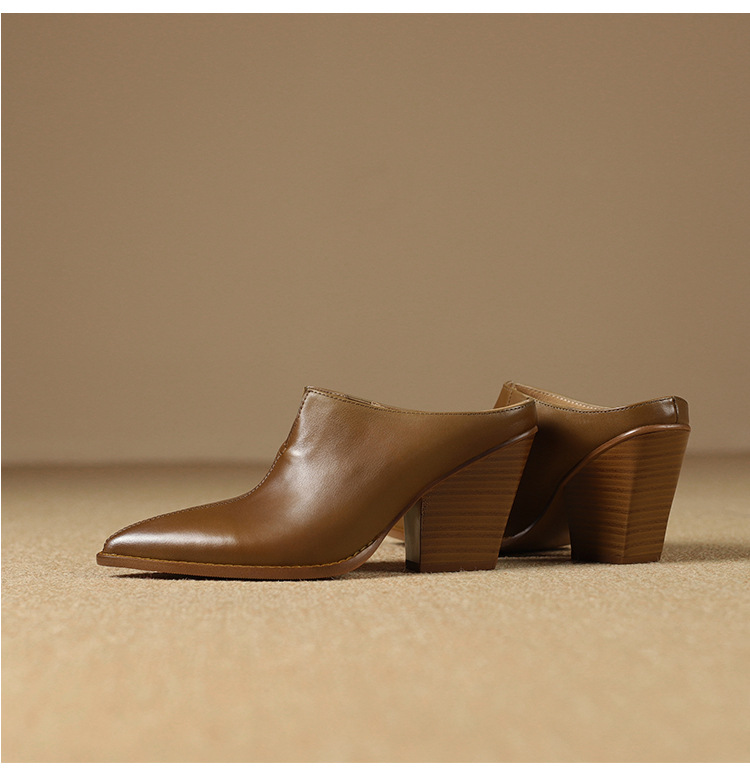 Giày mule nữ da bò mũi nhọn gót cao 7 cm phong cách Âu Mỹ — đen chi tiết 14
