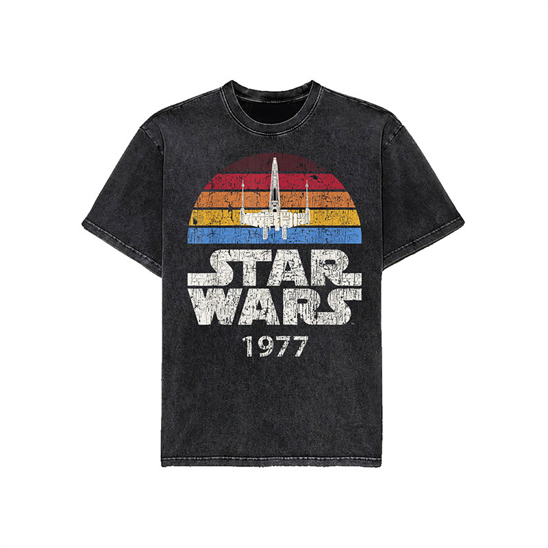 American Movie Street European and American Short-Sleeved Style Men's Casual Star Wars 1977Star Retro Washed T-Shirt Wars