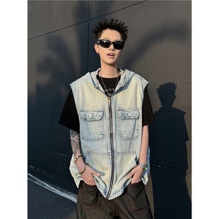 American Street Retro Waistcoat Workwear Denim Vest Men's Summer Trendy Brand Handsome Loose Hooded Sleeveless Jacket