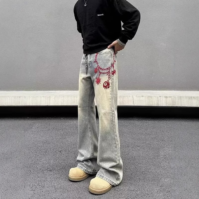 Men's Distressed Washed Yellow Mud Jeans – High-Street Straight Leg Bootcut Denim With Embroidery (S-3XL)_voghion.com