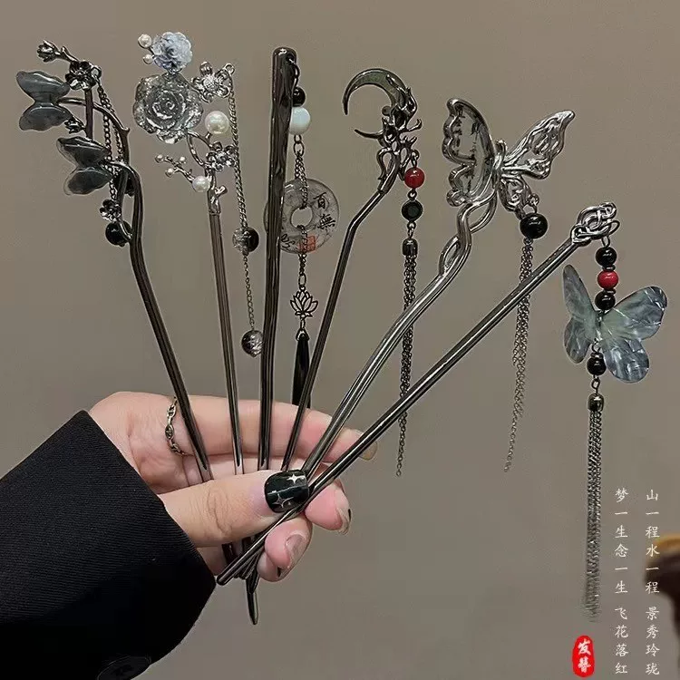 Китайская заколка-хаерпин tassel Hair Grip, ретро металлическая шпилька для волос, декоративный bun аксессуар