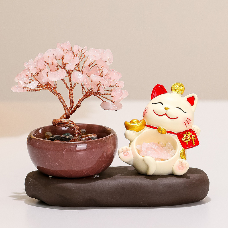 招财猫摆件卡通可爱办公室桌面装饰礼物发财好运水晶树送同事礼品|undefined
