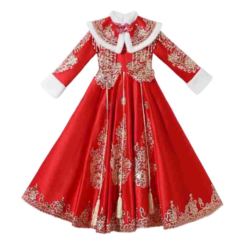 Зимнее детское платье в китайском стиле ханьфу для девочек, детское платье на флисовой подкладке, красное платье для маленькой девочки