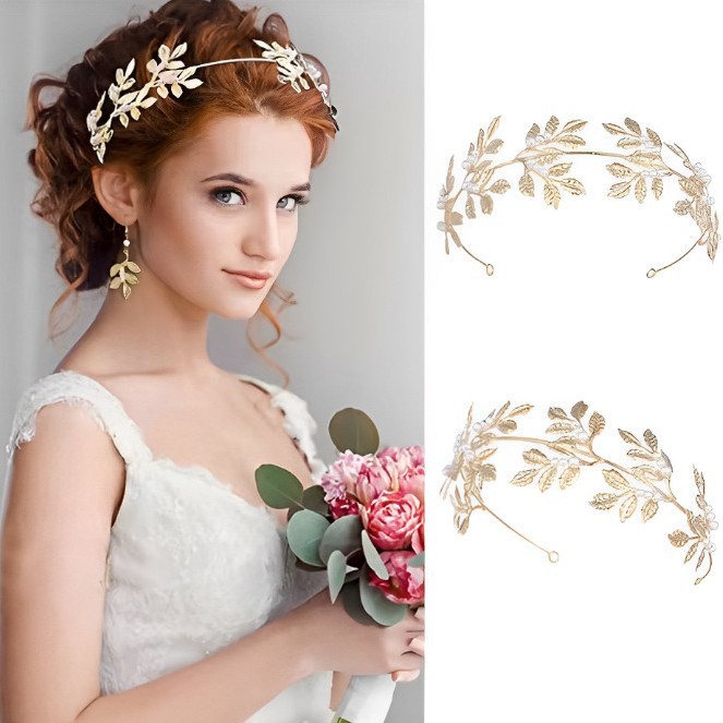 Cross-Border Hot Selling European and American Style Bridal Pearl Leaf Headband Earrings Set Wire Bracelet Leaf Armband for Women