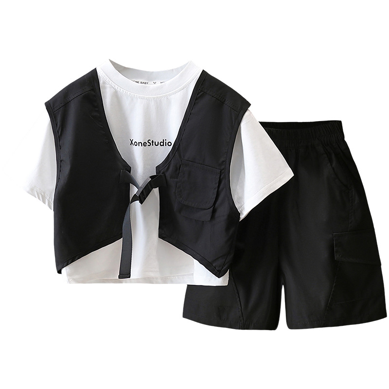 7295 Traje de verano para niños 2025 verano nuevo estilo para niños camiseta de manga corta chaleco de tres piezas de verano delgado de moda
