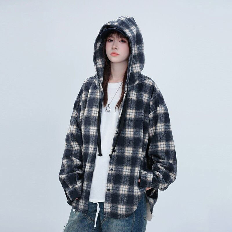 美式格子连帽衬衫男女春秋宽松慵懒风衬衣痞帅高级感小众情侣外套|undefined