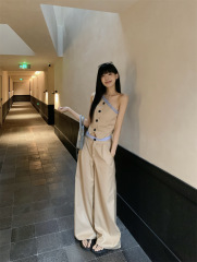 レースの縁の斜めの肩の袖なしのベストの女性の夏のファッションのスーツのカジュアルな広い足の長いズボンの2つのセット