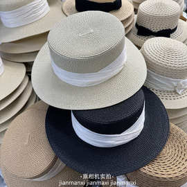 法式气质平顶防晒草帽女海边出游度假遮阳礼帽百搭优雅赫本风夏