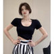 White Shoulder Pure Cotton U-Neck Short-Sleeved T-Shirt Women's Summer Design Niche High Waist Slim-Fit Short Hot Girl T-Shirt Top
