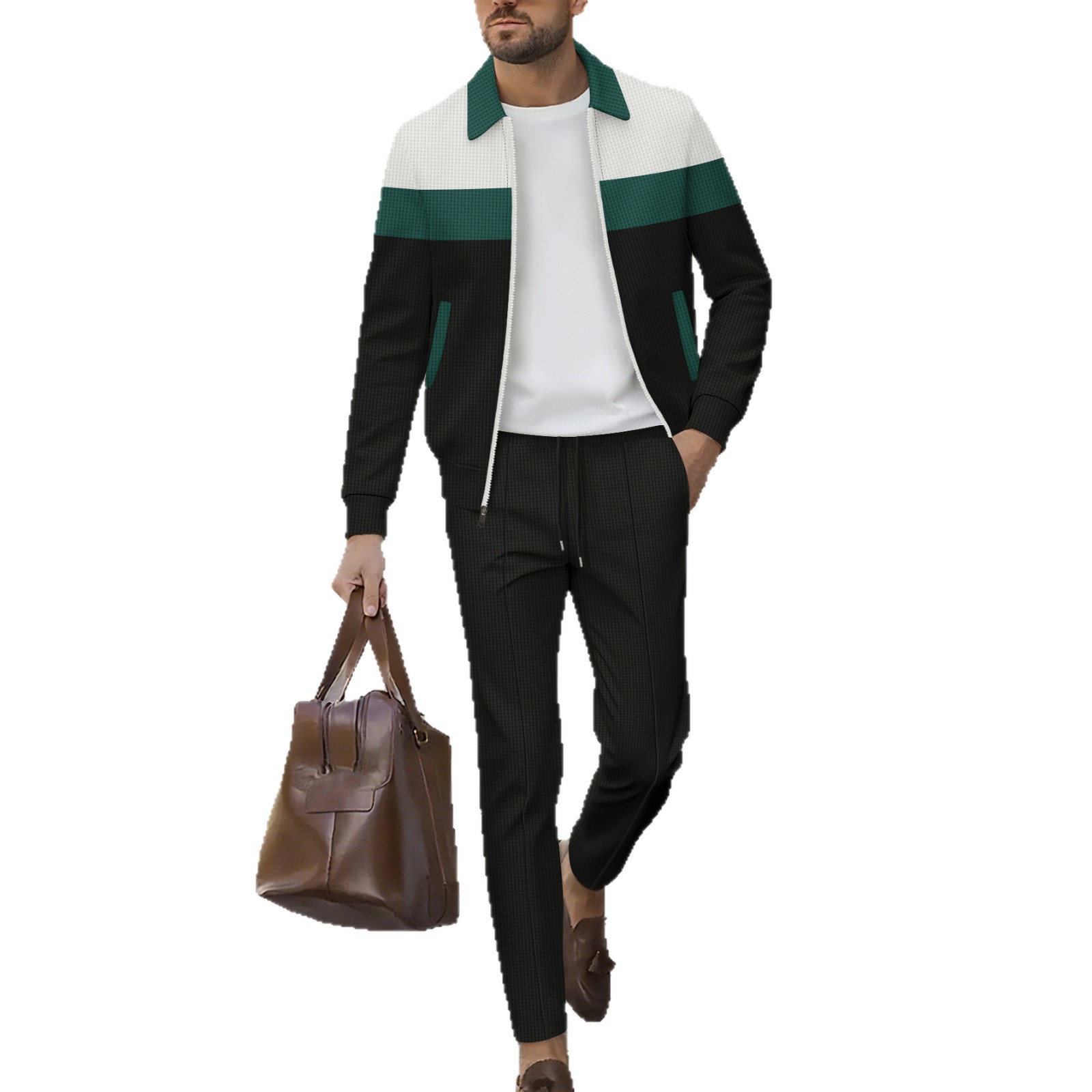 Men's Casual Color Block Waffle Knit Jacket And Trousers Set Spring Autumn New Men's Clothing_voghion.com