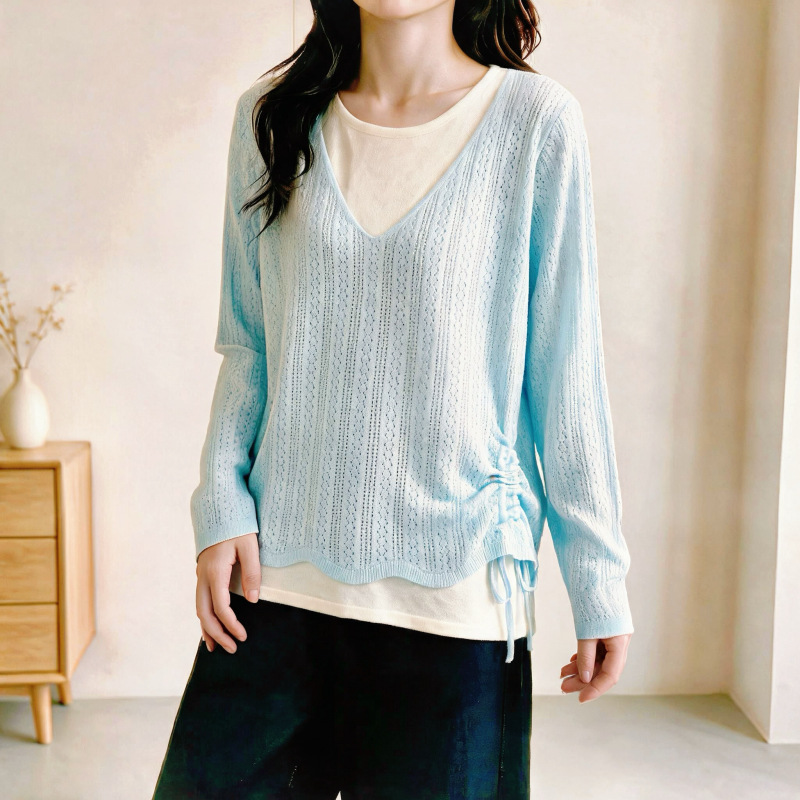 Plus Size Women's Early Autumn Sweater with Drawstring Hem, Slimming and Flattering, Color Block Faux Two-Piece Knitwear 2H588