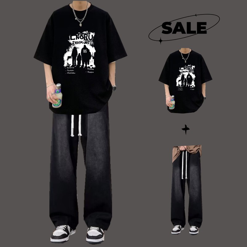 [two-piece set] three-person black + jeans