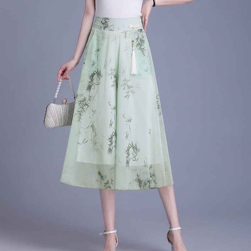 Nuanfenglai Chinese Style Wide-Leg Cropped Pants for Women, New Summer Chiffon Print, High-Waisted, Thin, Elegant and Flowy for Middle-Aged and Elderly Women