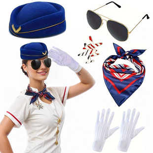 Amazon Pilot Flight Attendants suit Beret Square Gloves Sunglasses Airplane Chest Dress Up