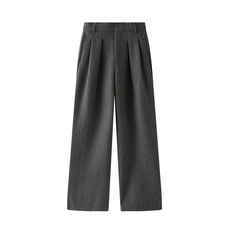 High-End Gray Wool Suit Pants for Women in Autumn and Winter High-Waisted Loose Double-Pleated Casual Narrow Straight Wide-Leg Pants